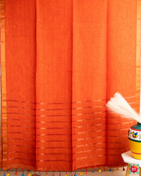 Orange Handwoven Linen Saree Firefly