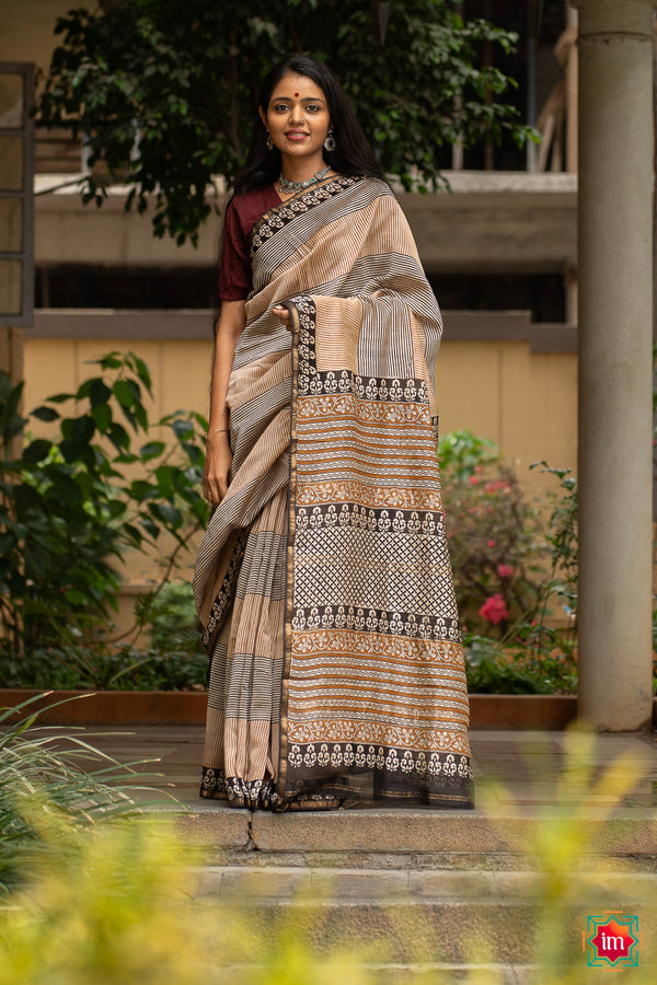 Multi Colour Stripes Handblock Printed Chanderi Silk Cotton Saree Pattern Love