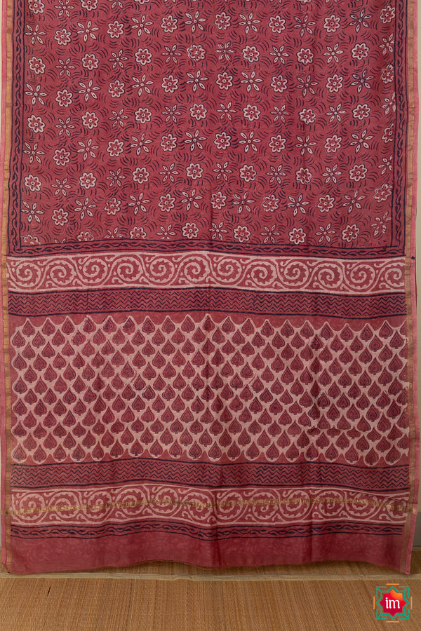 Red Brown Bagru Handblock Chanderi silk Cotton Saree Maati