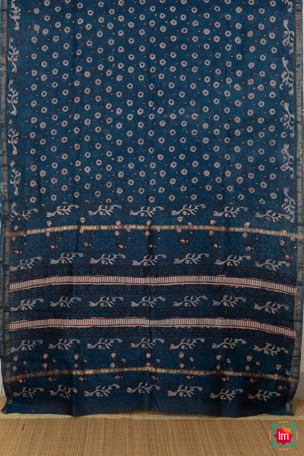 Indigo Handblock Chanderi silk Cotton Saree Ambar