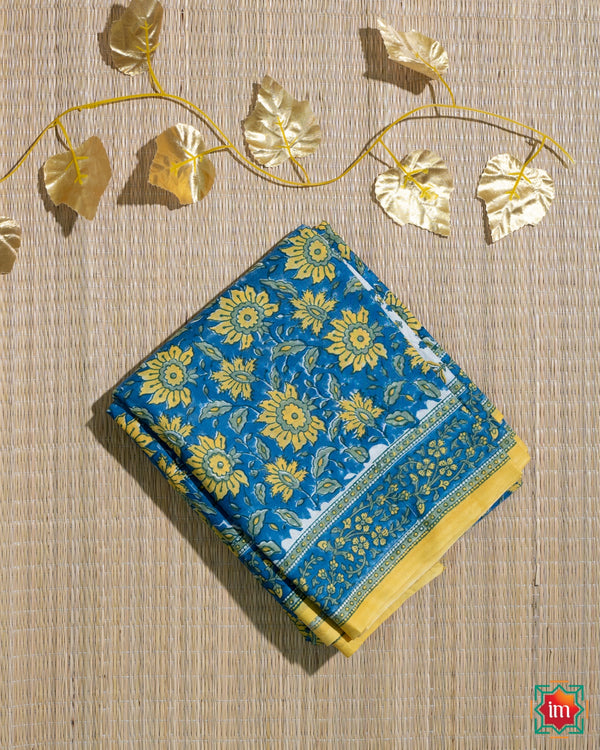 Blue Handblock Printed Sanganer Cotton Saree Saat Samundar Paar