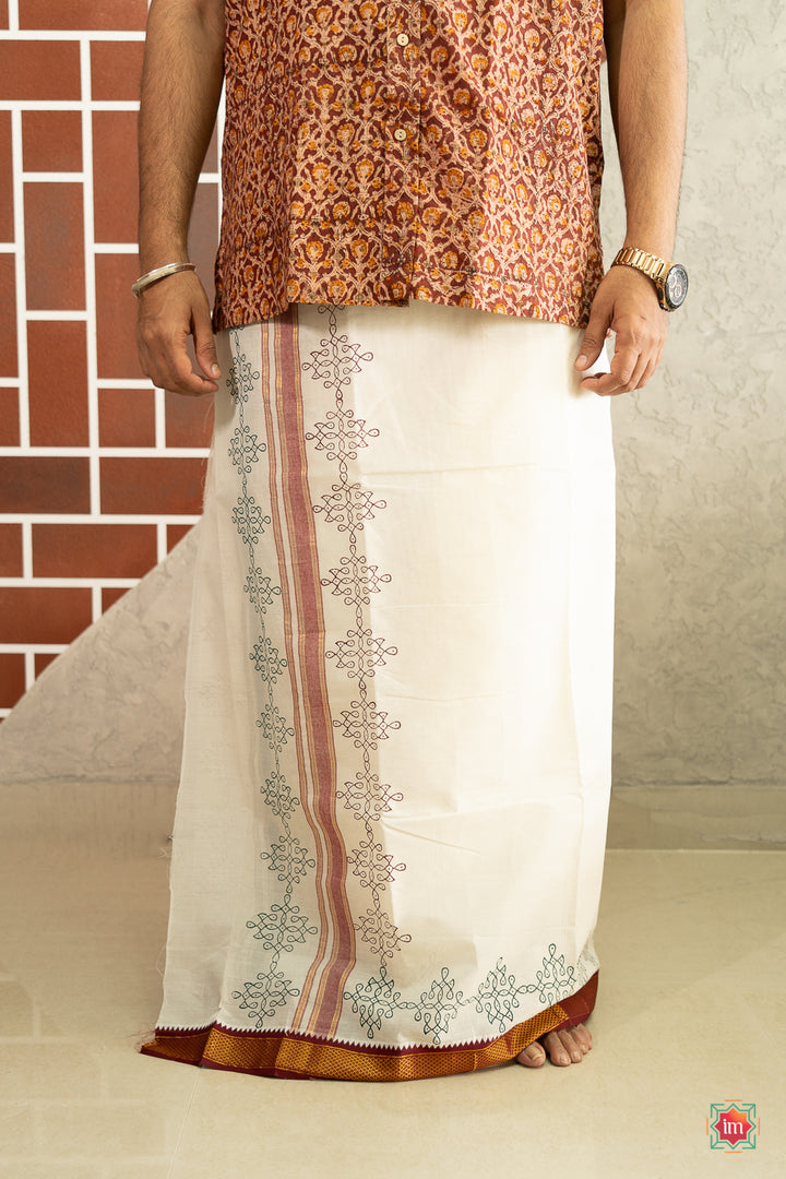 White-Cotton-Handblock-Printed-Mens-Dhoti-Vishu-1-The-Indian-Motif
