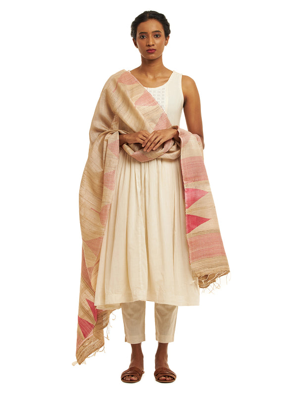 Handwoven Natural Kosa Silk Dupatta with Stripes and Temple in Pink