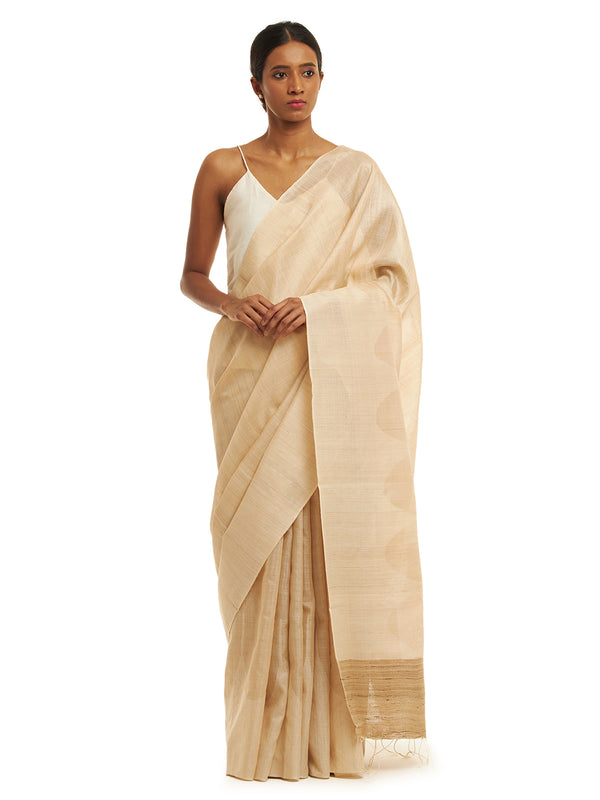 Handwoven Natural Kosa Silk Saree with Contemporary White Temple Motifs