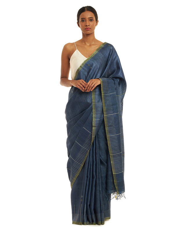 Handwoven Blue Saree with Off-white Motifs