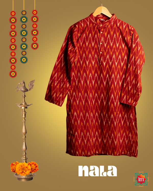 Maroon Pochampally Ikkat Mens Kurta Nala