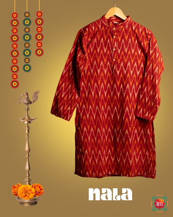 Mens maroon kurta hanged on a hanger.