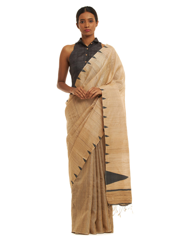 Handwoven Natural Kosa Silk Saree with Black Stripes in Pleats