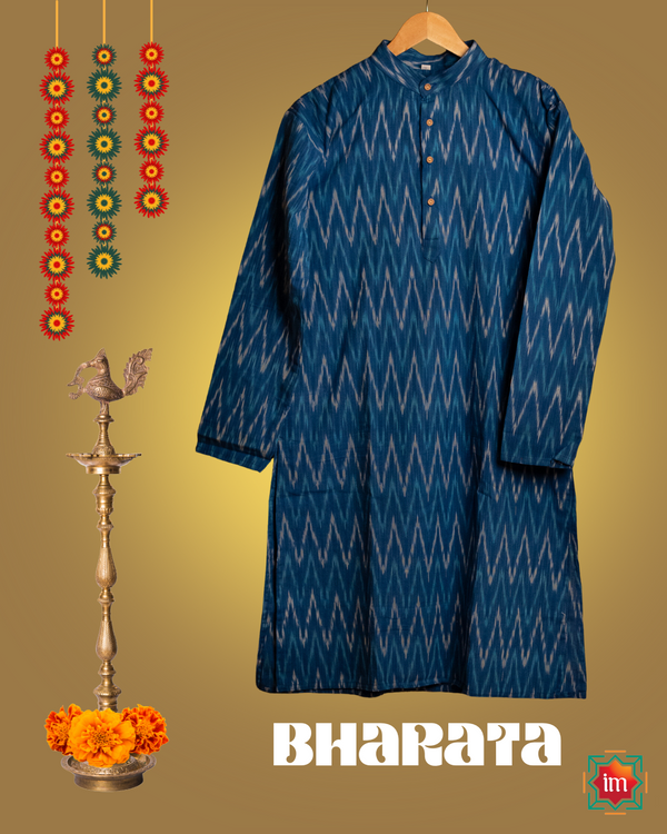 Mens blue kurta hanged on a hanger.