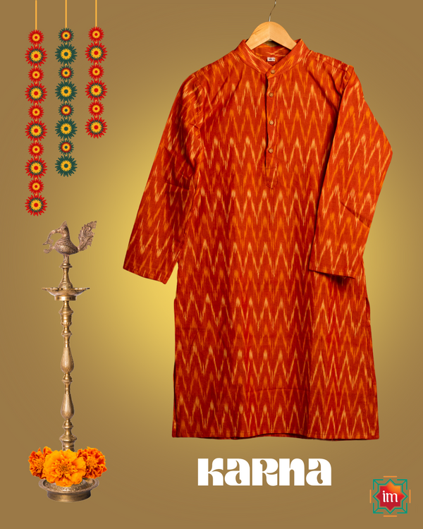 Mens orange kurta hanged on a hanger.