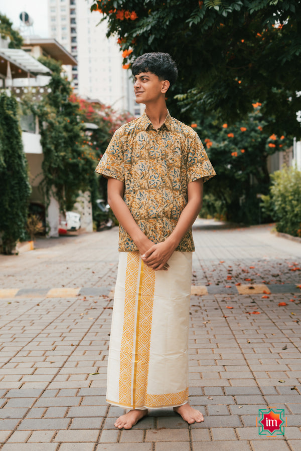 Onam Geometric Handblock Mens Dhoti Kalikalam