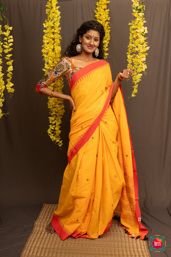 Yellow Ponduru Khadi Lambani Embroidery Jugalbandhi Saree Kamakhya