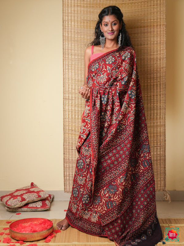 Red Ajrakh Handblock Mul Cotton Saree Summer Soiree