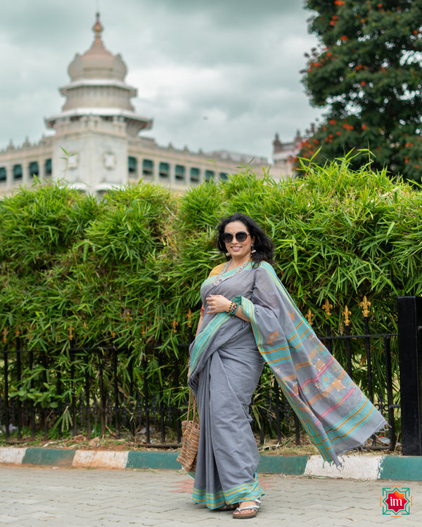 Grey Kodiyala Jugalbandhi Cotton Saree With Kasuti Hand Embroidery Majestic