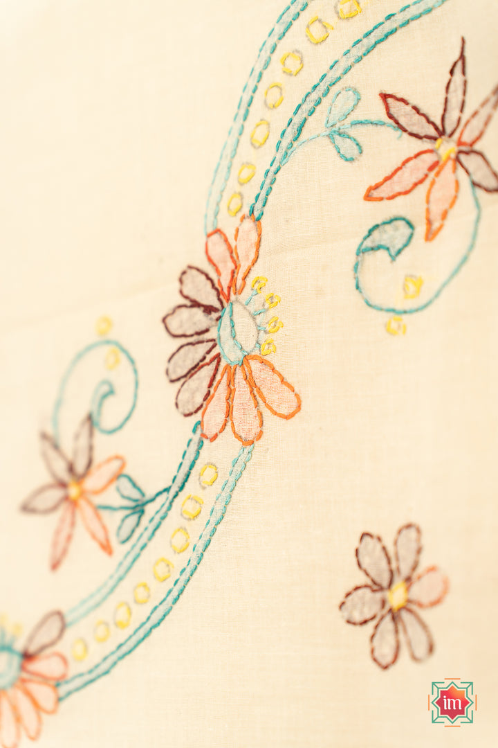 Beige Hand Embroidered Jugalbandhi Tussar Cotton Saree Desert Flower-4-The Indian Motif
