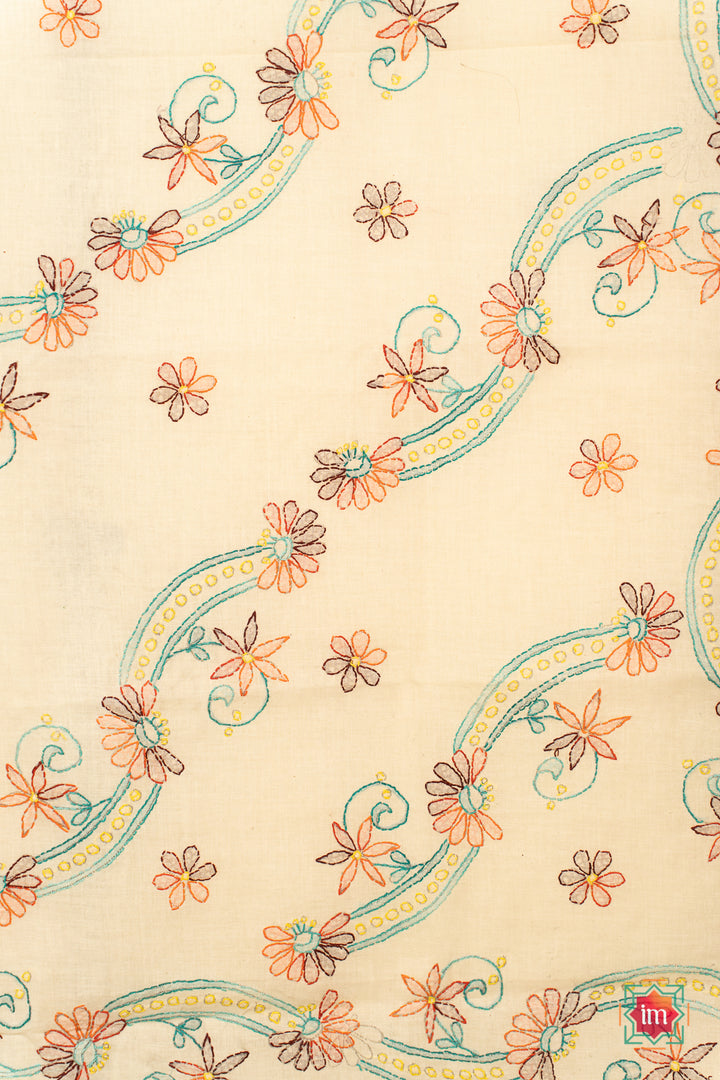Beige Hand Embroidered Jugalbandhi Tussar Cotton Saree Desert Flower-5-The Indian Motif
