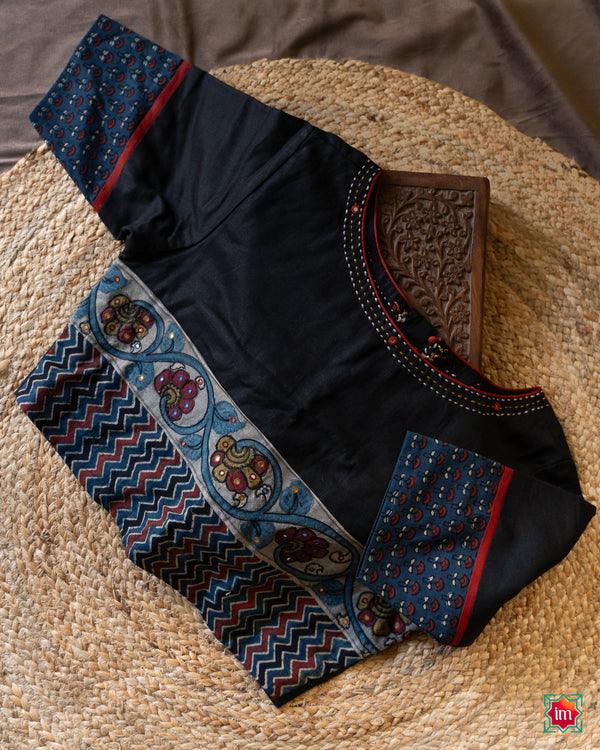 Black Kanchi Ajrakh Kalamkari Patchwork Blouse Madhuvanti