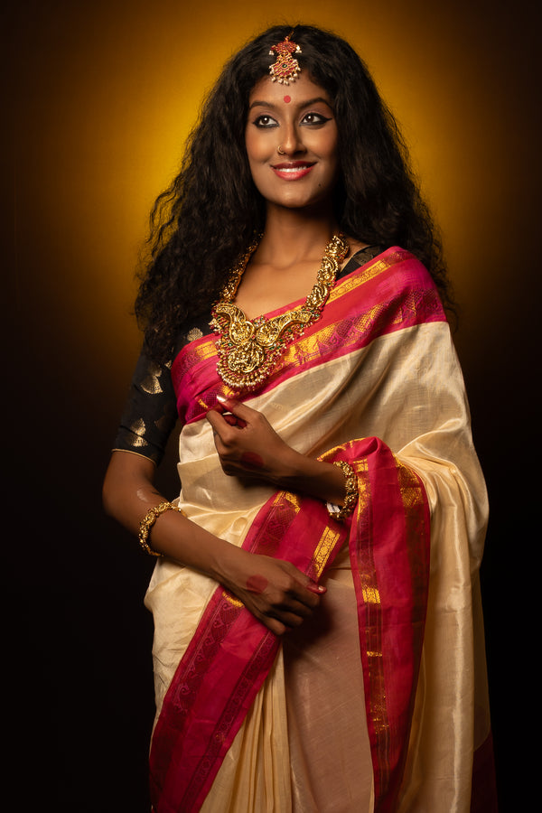 White Kanchi Silk Cotton Saree Paarijaatam