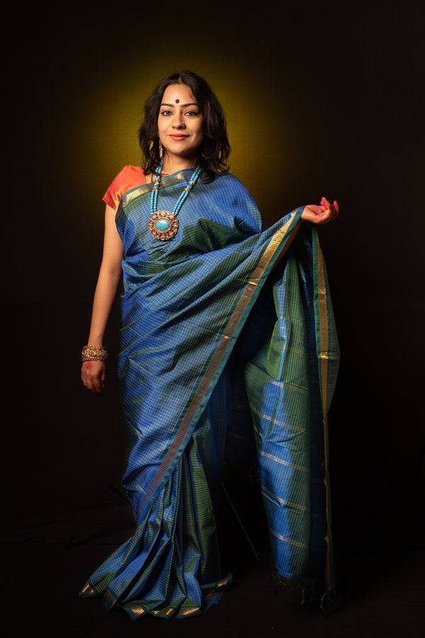 Azure Blue Arani Podikattam Saree Niranjana