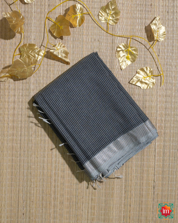 Grey Black Handwoven Maheshwari Silk Cotton Saree Ambar