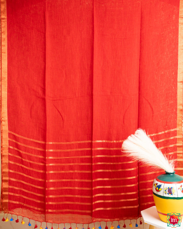 Red Handwoven Linen Saree Spring Blossom