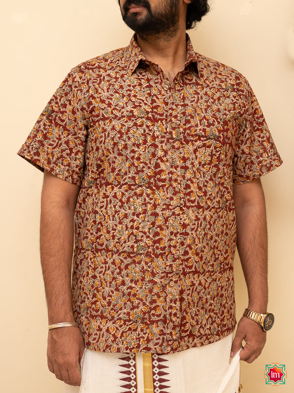 Maroon Kalamkari Handblock Printed Cotton Mens Shirt Ninaad