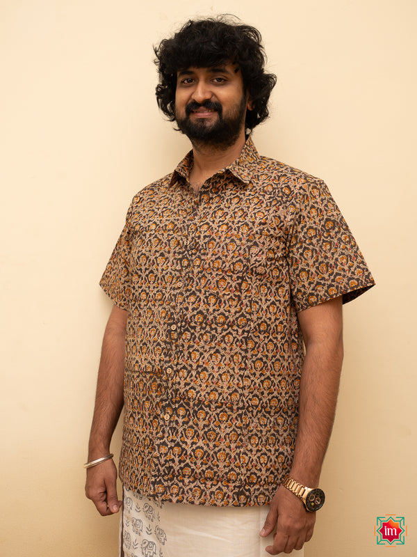 Black Kalamkari Handblock Printed Cotton Mens Shirt Taal