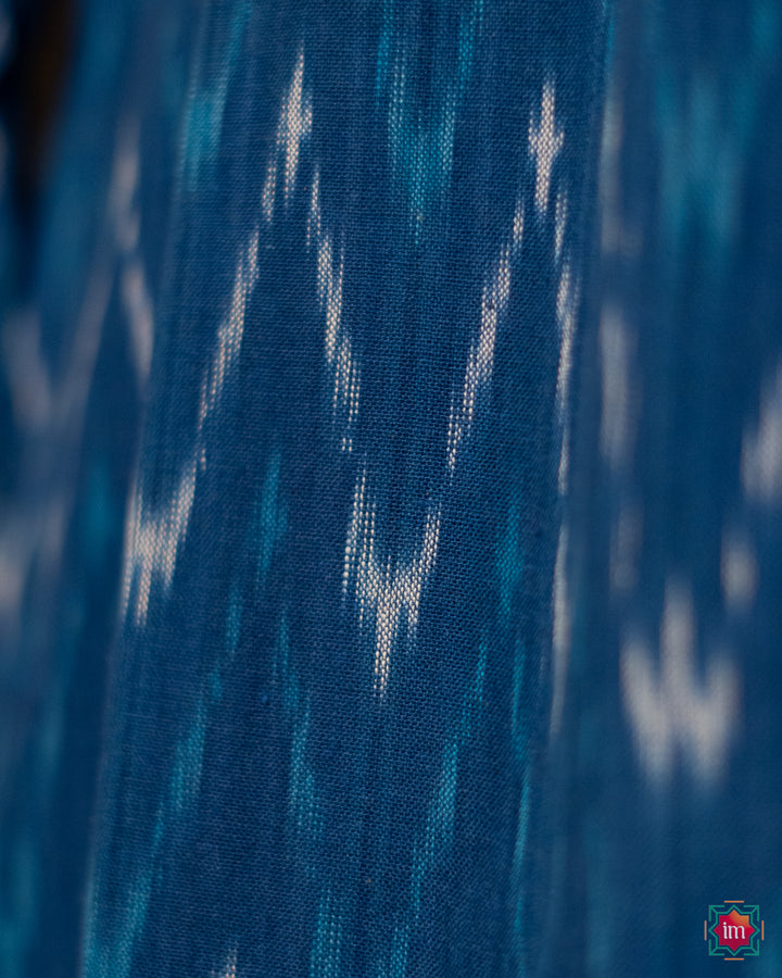 Mens blue kurta, where in the detailed print is displayed.