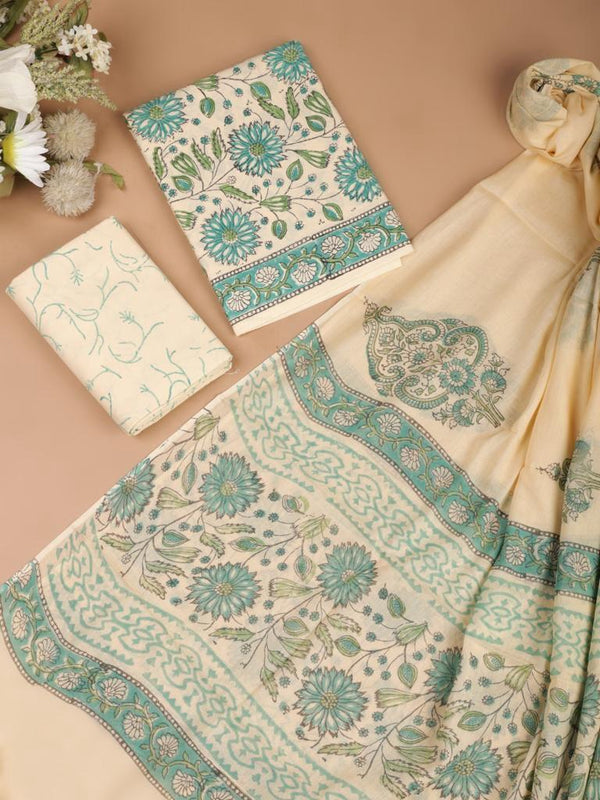White Blue Floral Bagru Handblock Printed Mul Cotton Unstitched Set