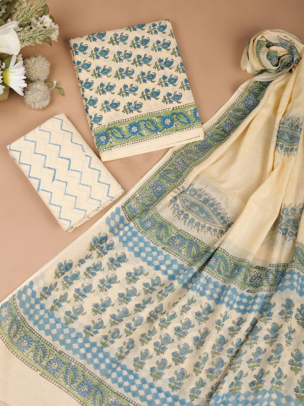 Cream Blue Floral Bagru Handblock Printed Mul Cotton Unstitched Set