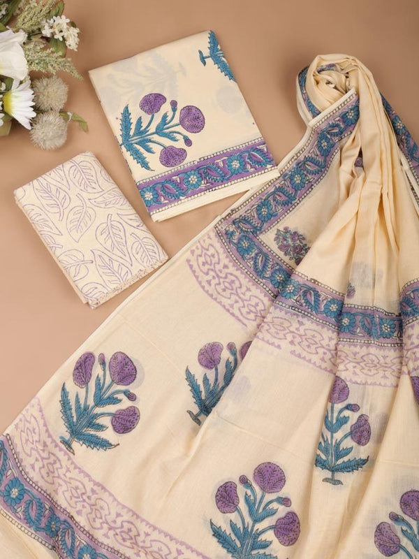Cream Blue Floral Bagru Handblock Printed Mul Cotton Unstitched Set