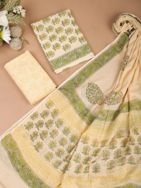 White Green Floral Bagru Handblock Printed Mul Cotton Unstitched Set