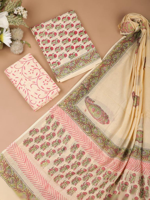 Cream Pink Floral Bagru Handblock Printed Mul Cotton Unstitched Set