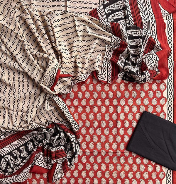 Red Black Bagru Handblock Printed Mul Cotton Unstitched Set