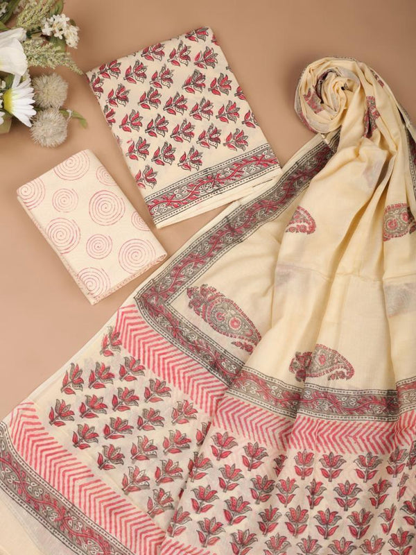 Cream Pink Paisley Bagru Handblock Printed Mul Cotton Unstitched Set
