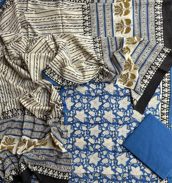 Blue White Floral Bagru Handblock Printed Mul Cotton Unstitched Set