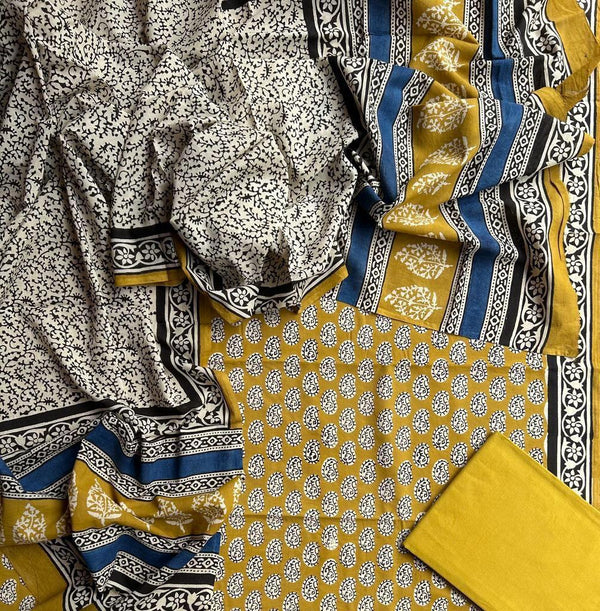Yellow Bagru Handblock Printed Mul Cotton Unstitched Set