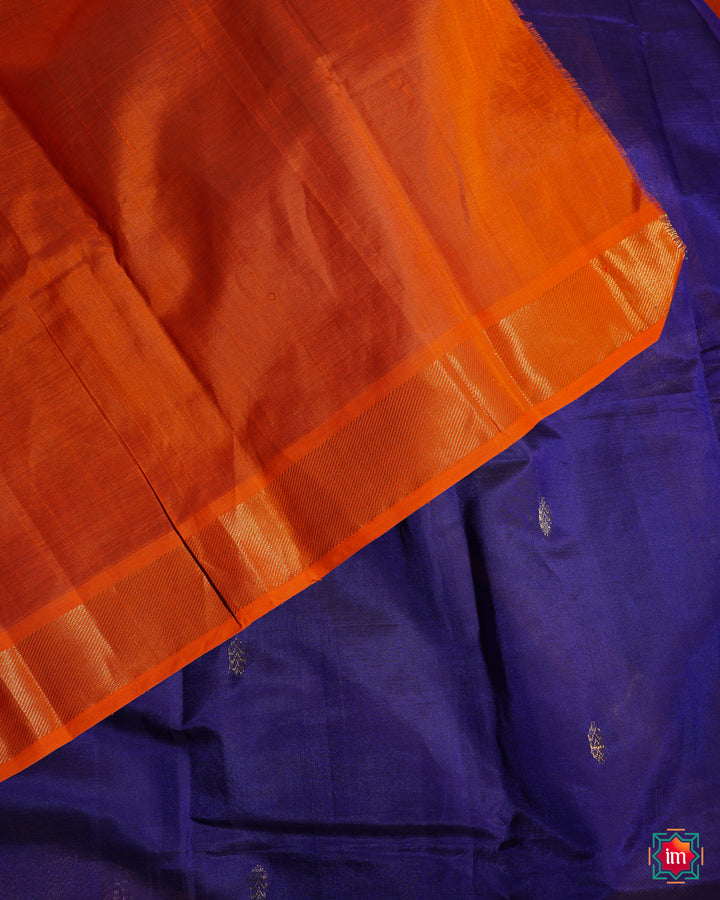 Beautiful Blue Kanchi Silk Saree, where in the detailed saree print is displayed.