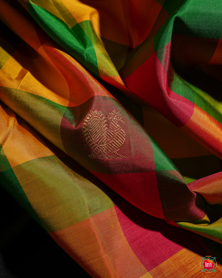 Beautiful multicolour kanjivaram silk saree, where in the detailed saree print is displayed.