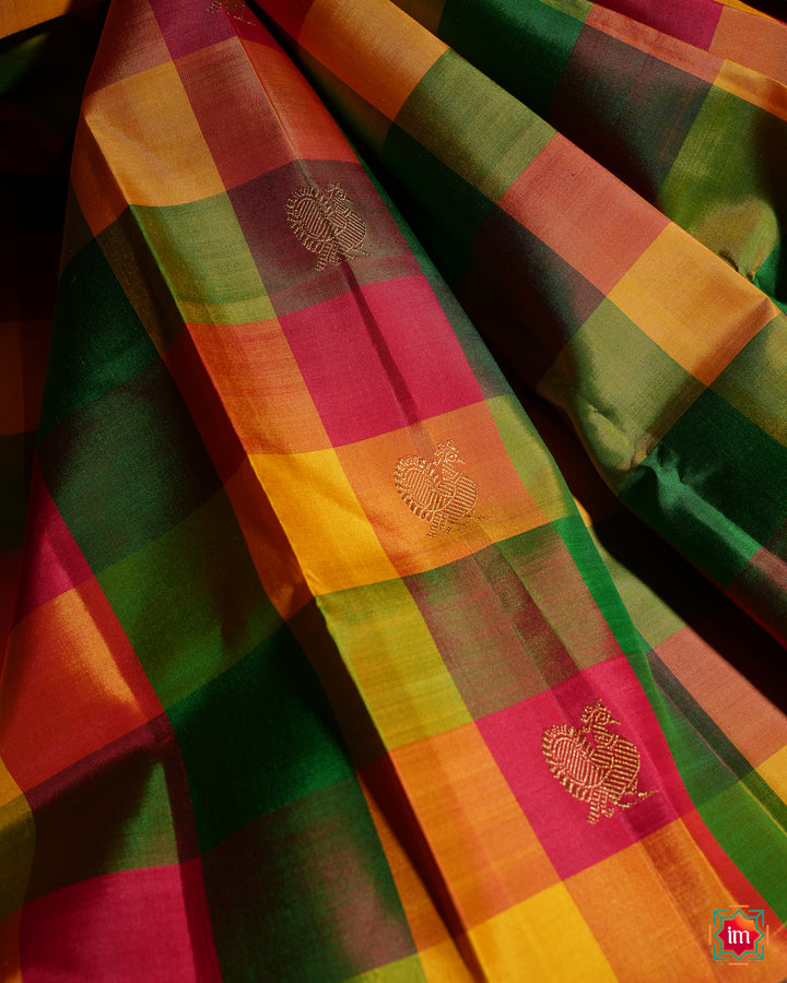Beautiful multicolour kanjivaram silk saree, where in the detailed saree print is displayed.