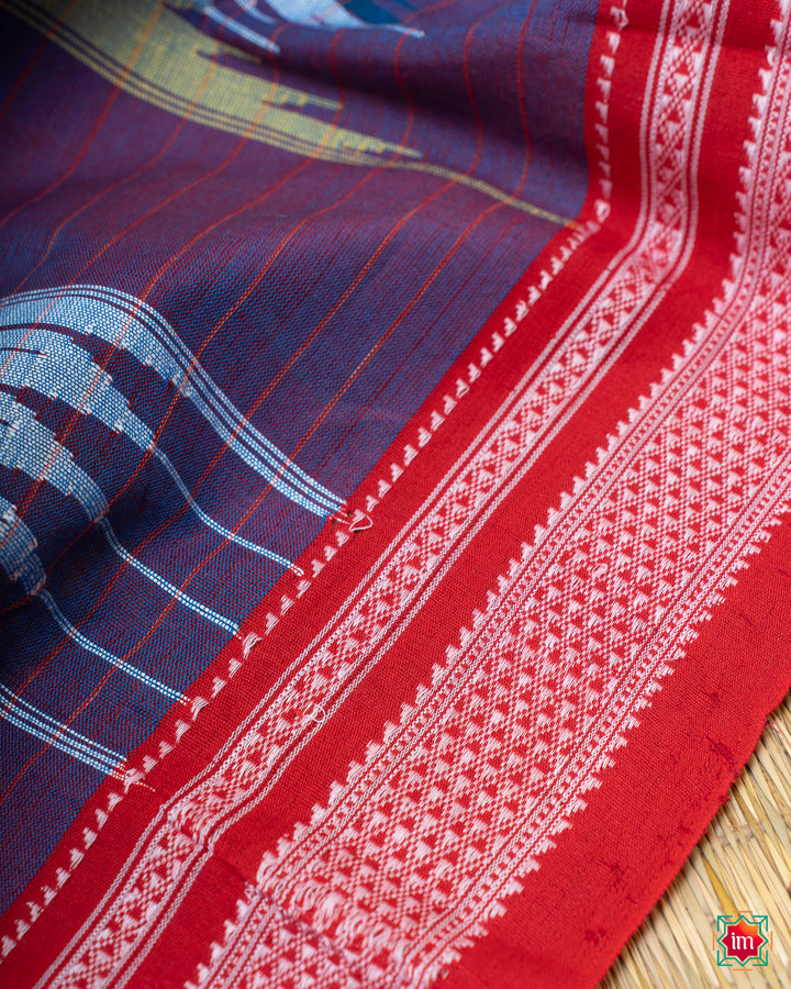Elegant lake blue handloom cotton saree, where in the detailed saree print is displayed.