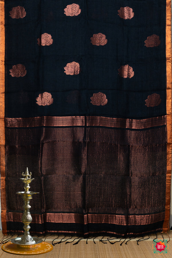 Black Handwoven Linen Jamdhani Saree Kriti