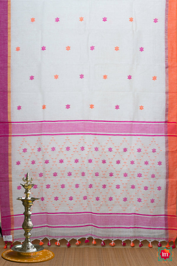 White Linen Jamdhani Saree Snow Flakes