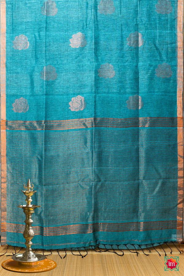 Turquoise Blue Handwoven Linen Jamdhani Saree Neelima