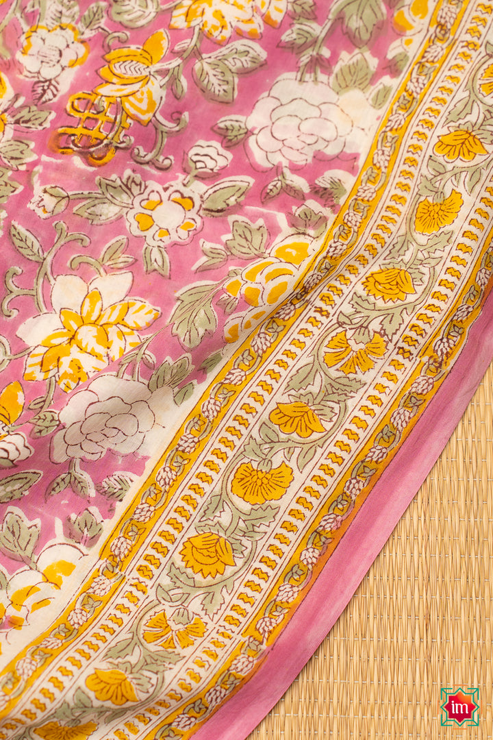 Pink Floral Bagru Handblock Printed Mul Cotton Saree Genda Phool-1-The Indian Motif