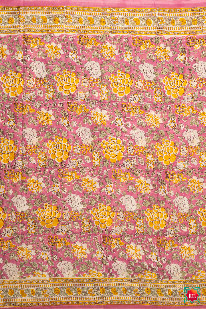 Pink Floral Bagru Handblock Printed Mul Cotton Saree Genda Phool-2-The Indian Motif