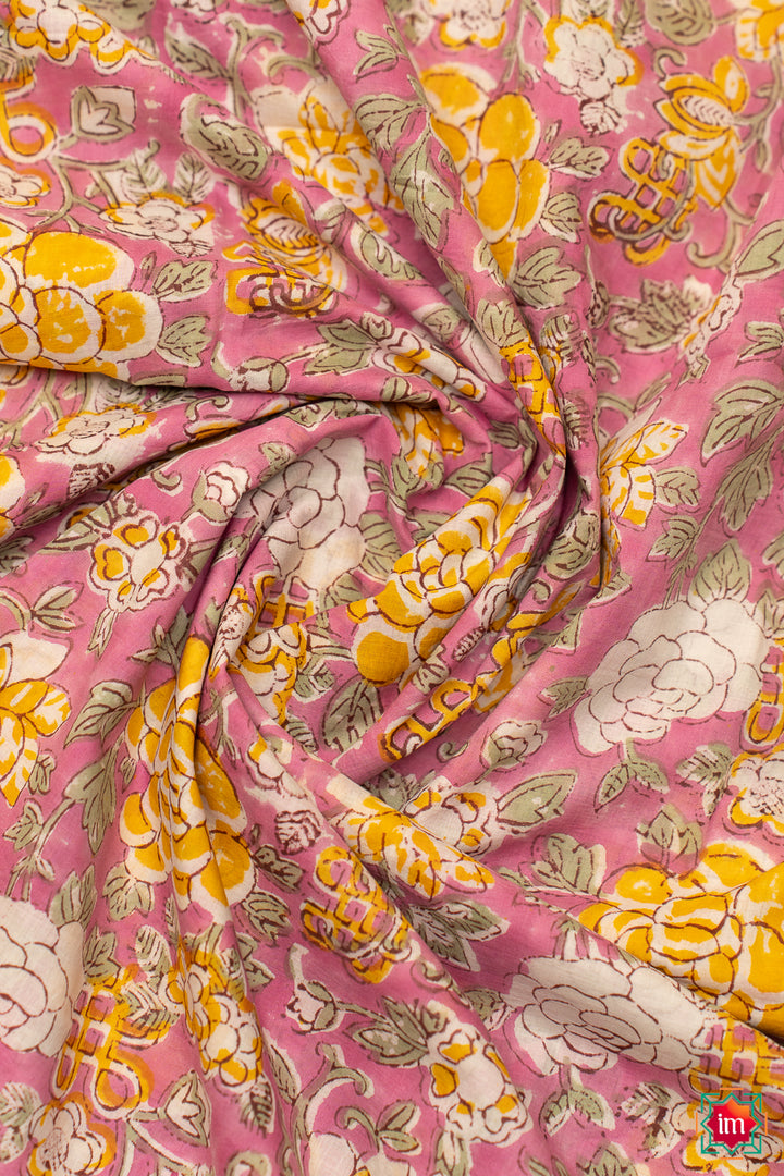 Pink Floral Bagru Handblock Printed Mul Cotton Saree Genda Phool-3-The Indian Motif