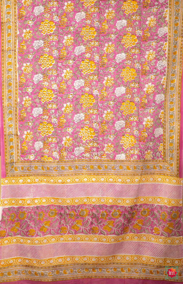 Pink Floral Bagru Handblock Printed Mul Cotton Saree Genda Phool-The Indian Motif