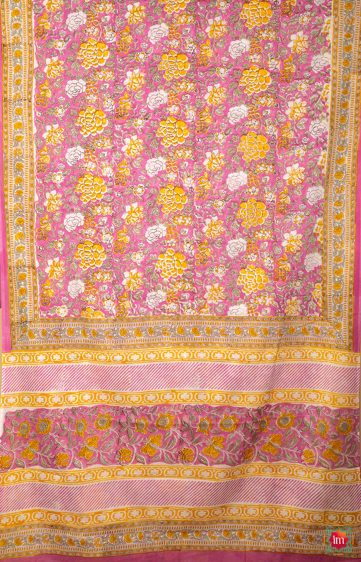 Pink Floral Bagru Handblock Printed Mul Cotton Saree Genda Phool-The Indian Motif