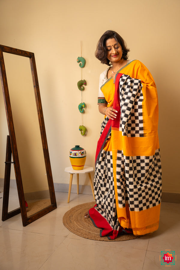 Cream and Black Pochampally Double Ikkat Cotton Saree Chess Charm